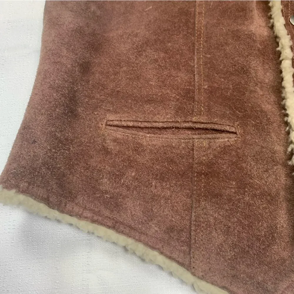 Vintage mens XL leather brown faux Sherpa vest oui cowboy western Yellowstone